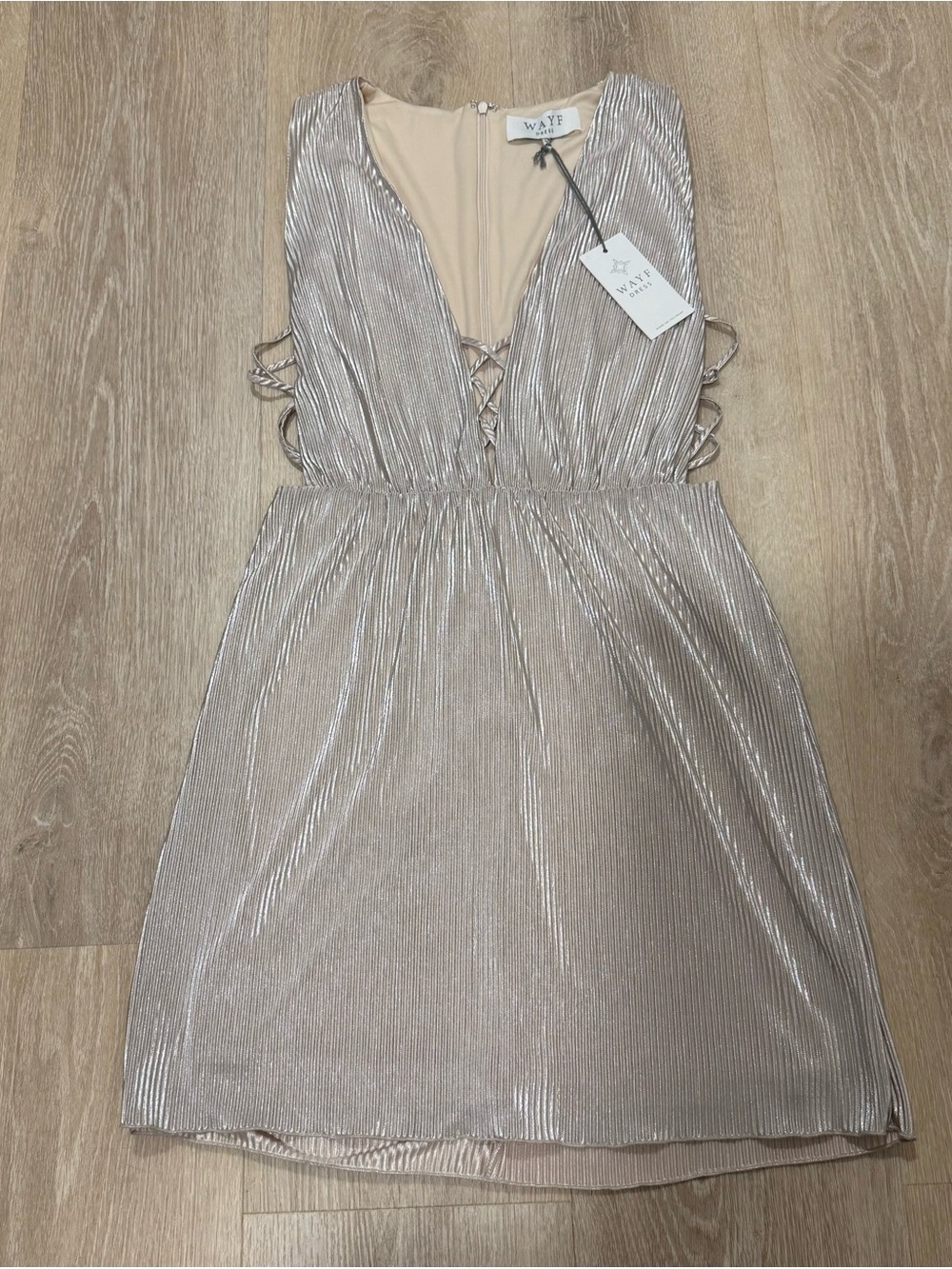Wayf Metallic Taupe Pleated Lace-Up V-Neck Dress
